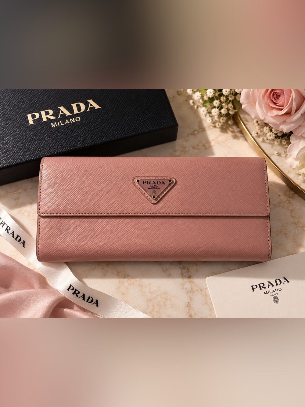 Prada Saffiano Leather Continental Wallet Dusty Blush Pink